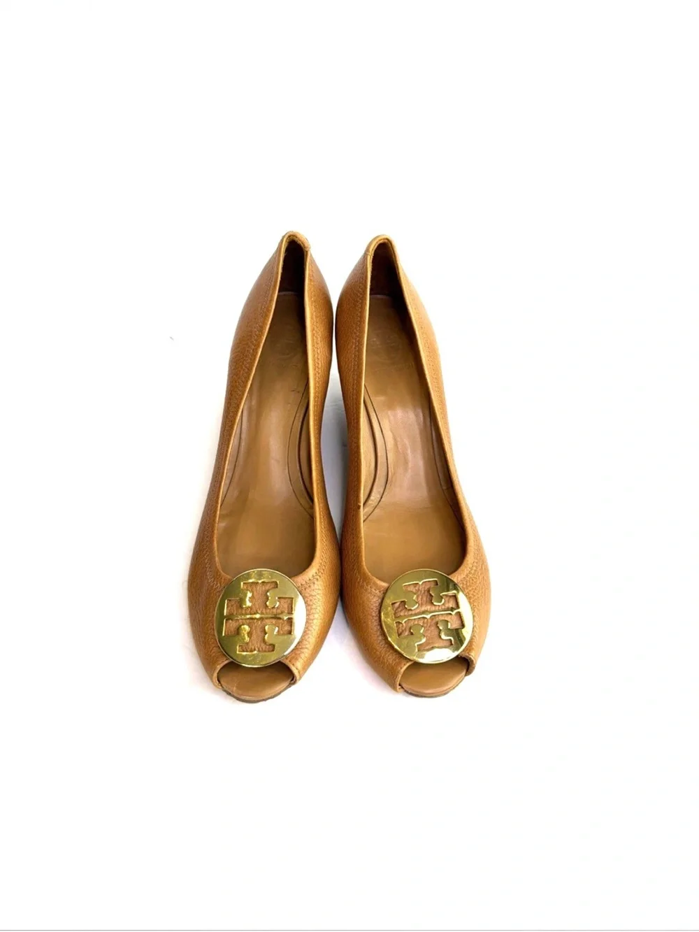Tory Burch ‘Sally’ Brown Leather Peep Toe Wedges Women Size 13 M Gold Medallion